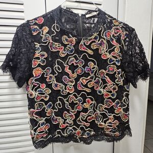 Zara Black Lace Blouse with Multicolor Embroidery